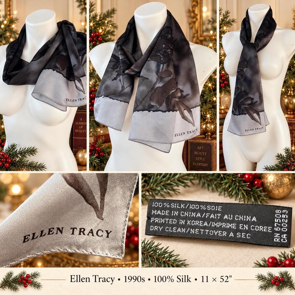 Vintage Ellen Tracy 90s Silk Scarf Gray Black Floral Formal NWOT 11x52 - Picture 3 of 10